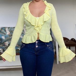 Fashion Nova ruffled long sleeve knit blouse with low cut v neck